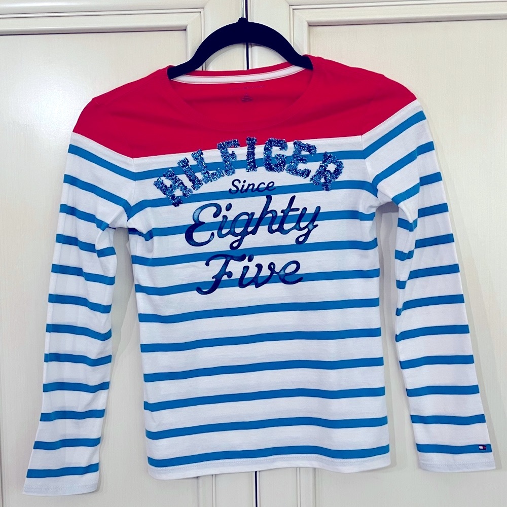 NWOT Tommy Hilfiger Kids Red and Blue Long Sleeve Tee, girl’s size medium (8-10)